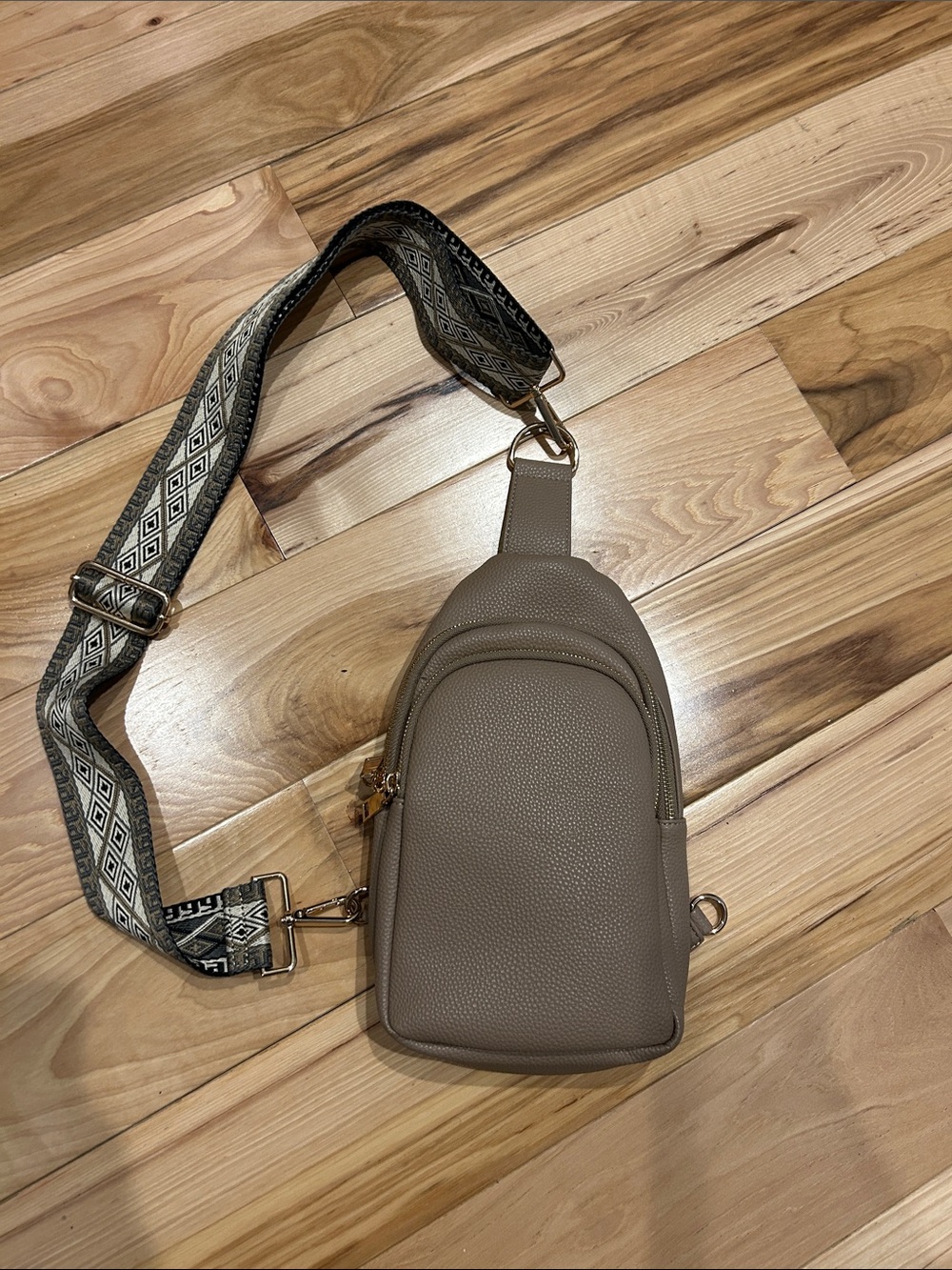Taupe Pebbled Crossbody Sling Bag with Patterned Strap